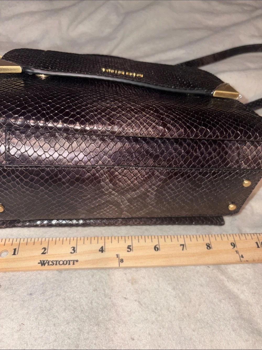Calvin Klein Snakeskin Fern Top Handle Leather Satchel Crossbody Gold Hardware